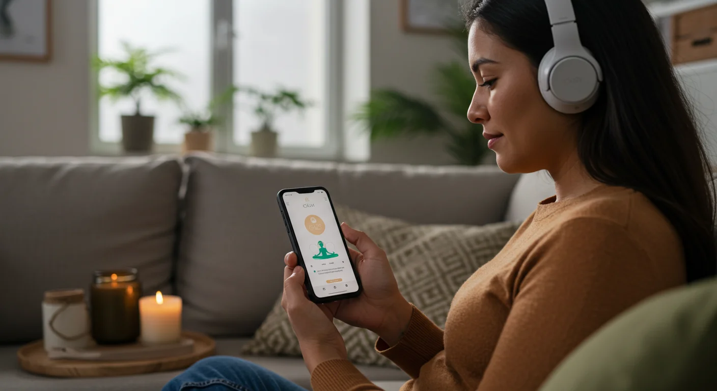Aplicaciones y recursos digitales para meditar desde casa Madre utilizando una aplicación de meditación en su smartphone con auriculares