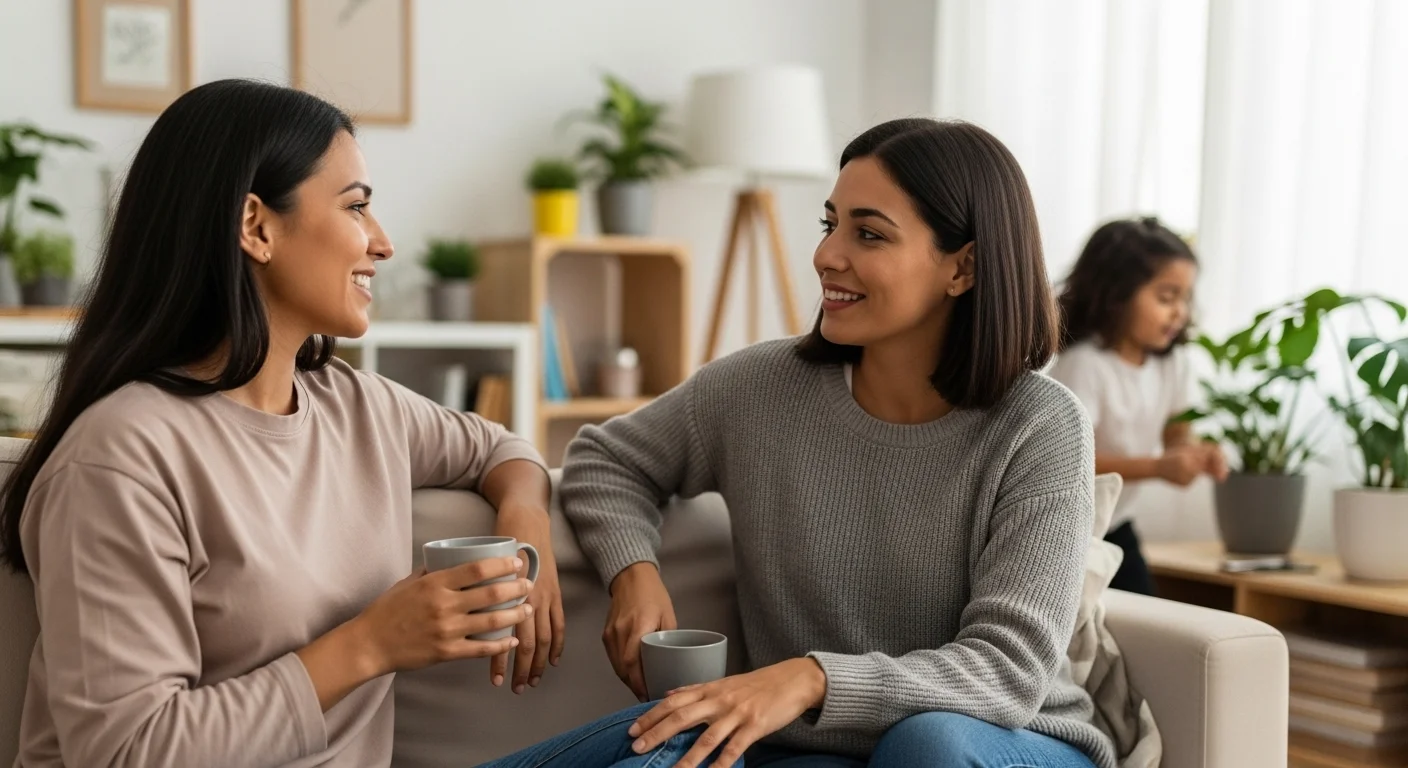 Apoyo social hablar con amigos y familiares alivia el estrés.webp Dos mujeres hispánicas conversando en un ambiente hogareño, compartiendo apoyo emocional.