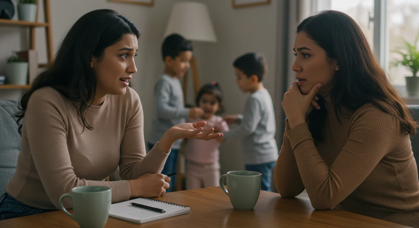 Autocuidado accesible mediante apoyo emocional y trueque de servicios entre madres..webp Madres apoyándose mutuamente en un entorno hogareño mientras los niños juegan.