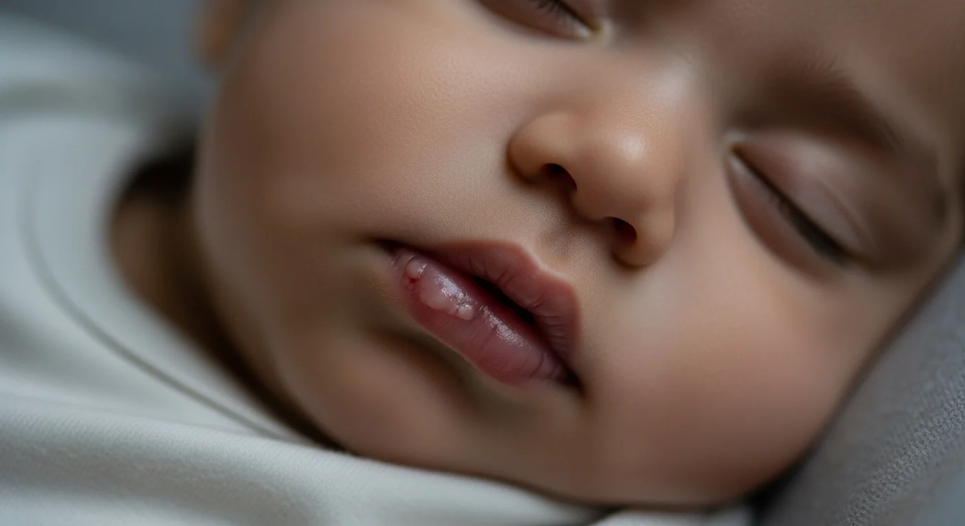 Bebé hispánico durmiendo con una afta discreta en la comisura del labio. Primer plano del rostro de un bebé hispánico dormido con una pequeña afta visible en el labio inferior