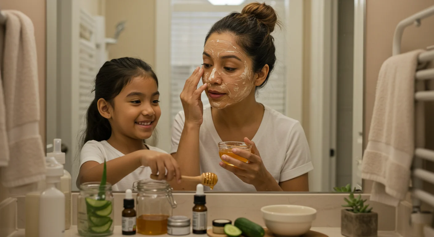 Madre e hija aplicando mascarilla facial natural en casa, rodeadas de ingredientes caseros.