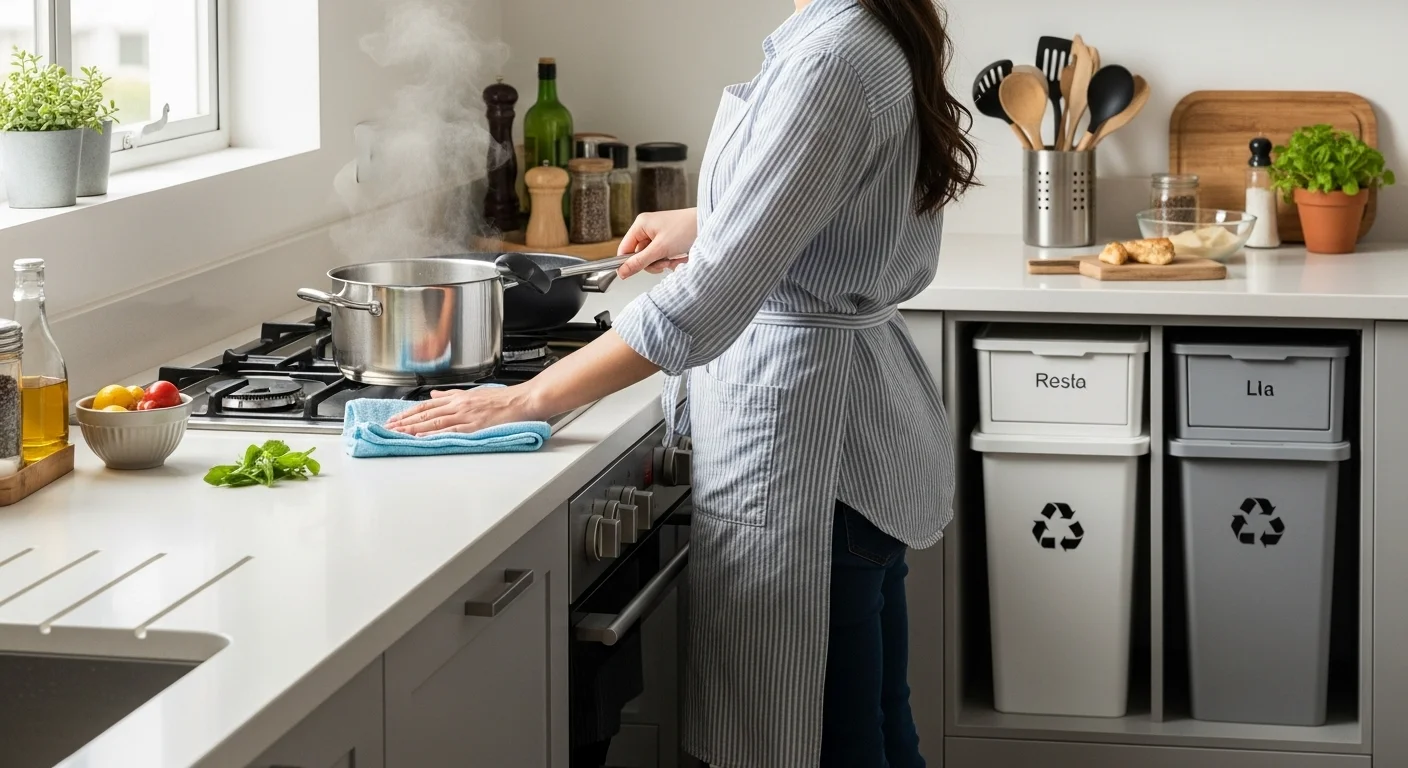 Cocina eficiente limpieza durante la cocción y reciclaje organizado..webp Cocina moderna ordenada con persona limpiando mientras cocina y cubos de basura organizados.