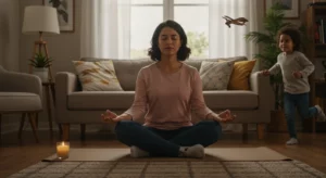 Madre hispánica practicando meditación en casa con ambiente sereno y hogareño.