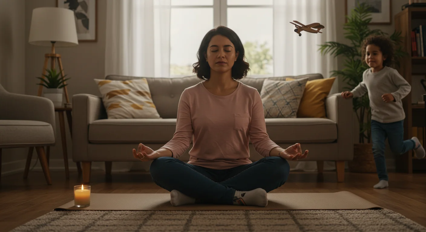 Madre hispánica practicando meditación en casa con ambiente sereno y hogareño.