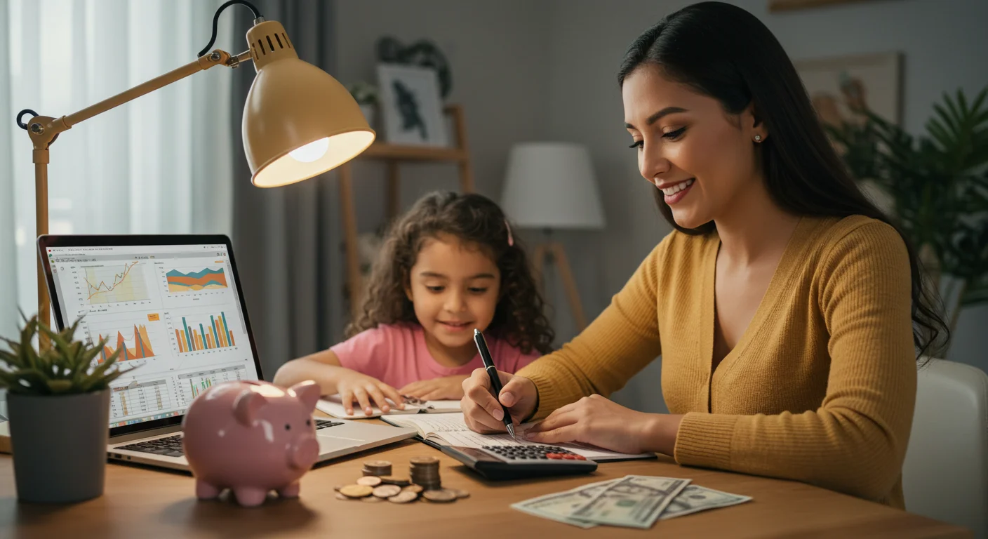 Educación financiera: la base para la independencia económica de las madres. ALT: Madre hispánica estudiando educación financiera con laptop, cuaderno y calculadora en casa.