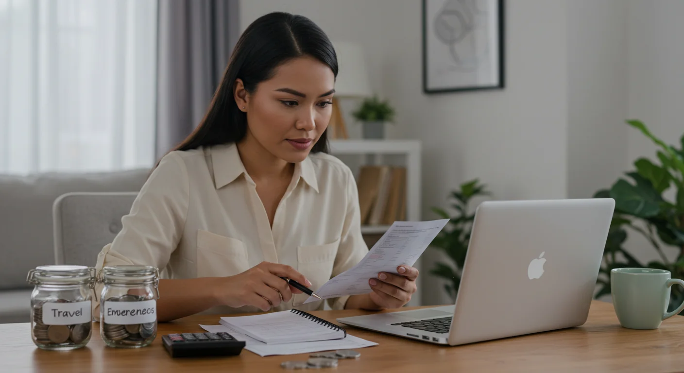 Ejemplo de motivación financiera aplicada al ahorro personal en el hogar..webp Mujer organizando sus finanzas en casa con frascos de ahorro y computadora portátil.