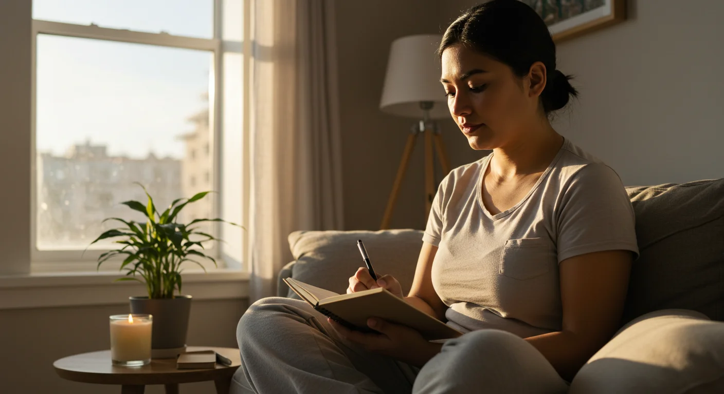 Establecer intenciones diarias un acto de conexión espiritual.webp Madre escribiendo intenciones espirituales por la mañana en un espacio tranquilo