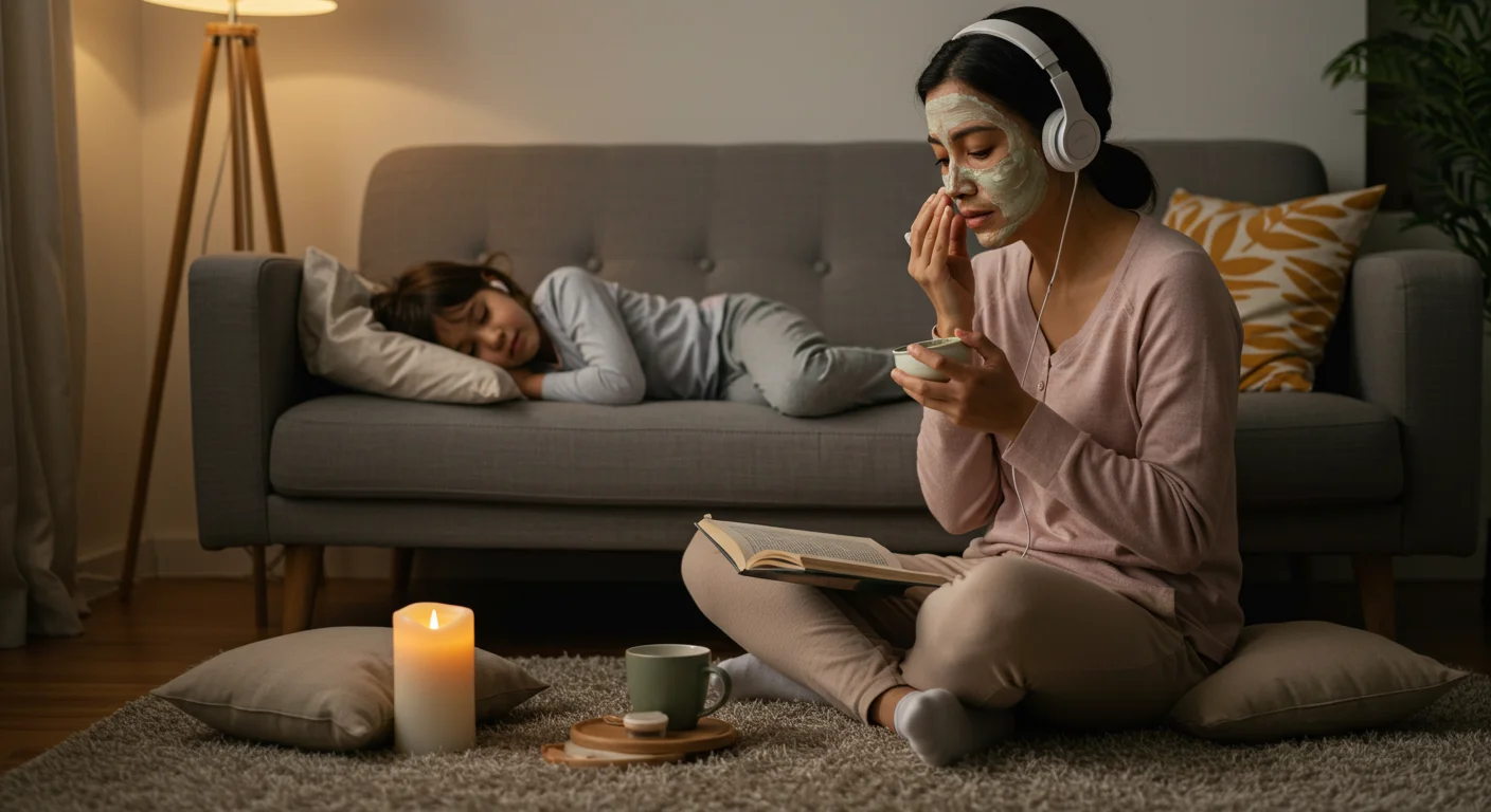 Madre joven practicando autocuidado económico en casa con una mascarilla facial y libro.