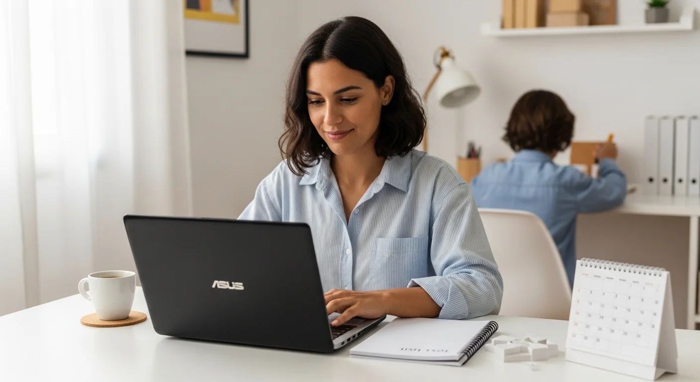 Mujer organizando sus tareas diarias con computadora y agenda.