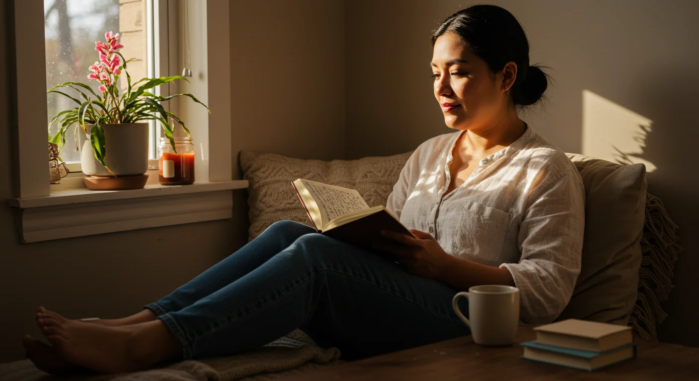 Madre reflexionando en un espacio tranquilo con su cuaderno espiritual