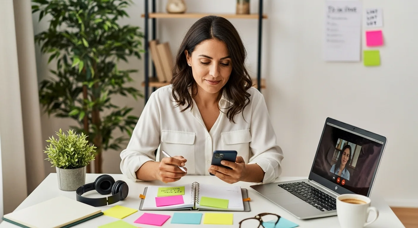 Habilidades esenciales de una multitasker moderna en su espacio de trabajo..webp Mujer hispánica trabajando desde casa con herramientas de organización y multitarea.