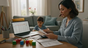 ALT: Madre hispánica organizando sus finanzas en casa mientras su hijo juega cerca.
