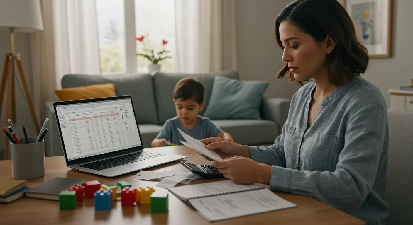ALT: Madre hispánica organizando sus finanzas en casa mientras su hijo juega cerca.