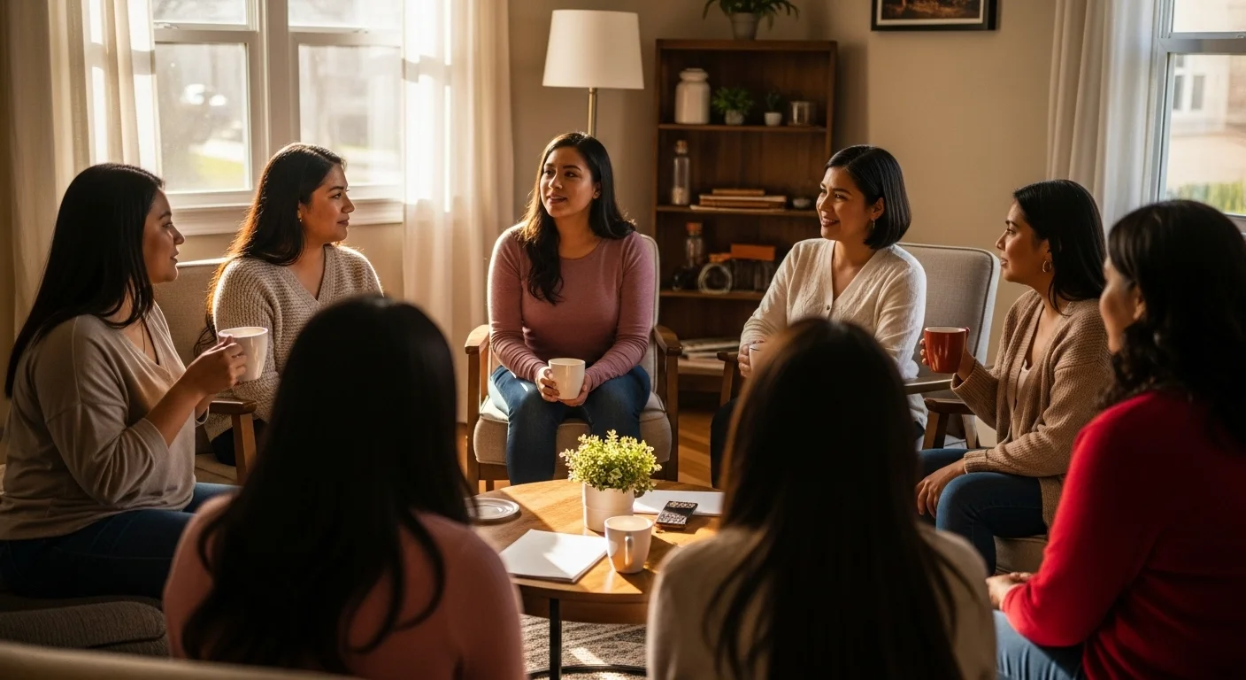 La importancia de la comunidad en el crecimiento espiritual..webp Círculo de mujeres compartiendo experiencias espirituales en comunidad