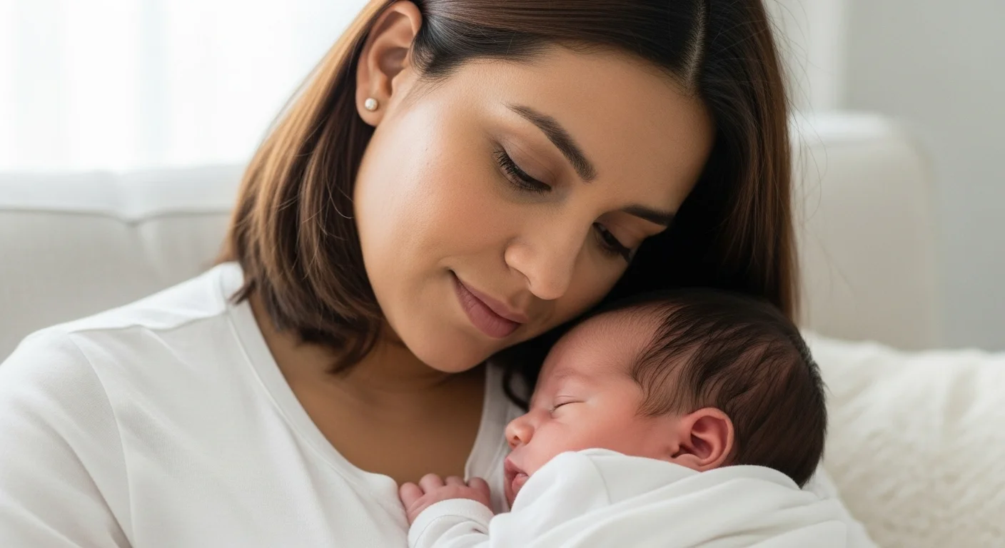 Madre abrazando a su recién nacido con amor y serenidad. Madre hispánica sosteniendo con ternura a su bebé dormido envuelto en una manta blanca.