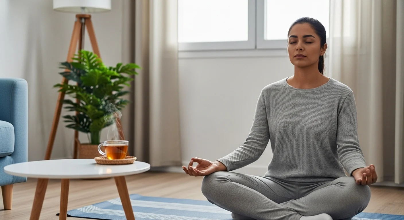 Meditación y atención plena: prácticas diarias para reducir el estrés. Madre hispánica meditando en casa con una taza de té como parte de su práctica de mindfulness.