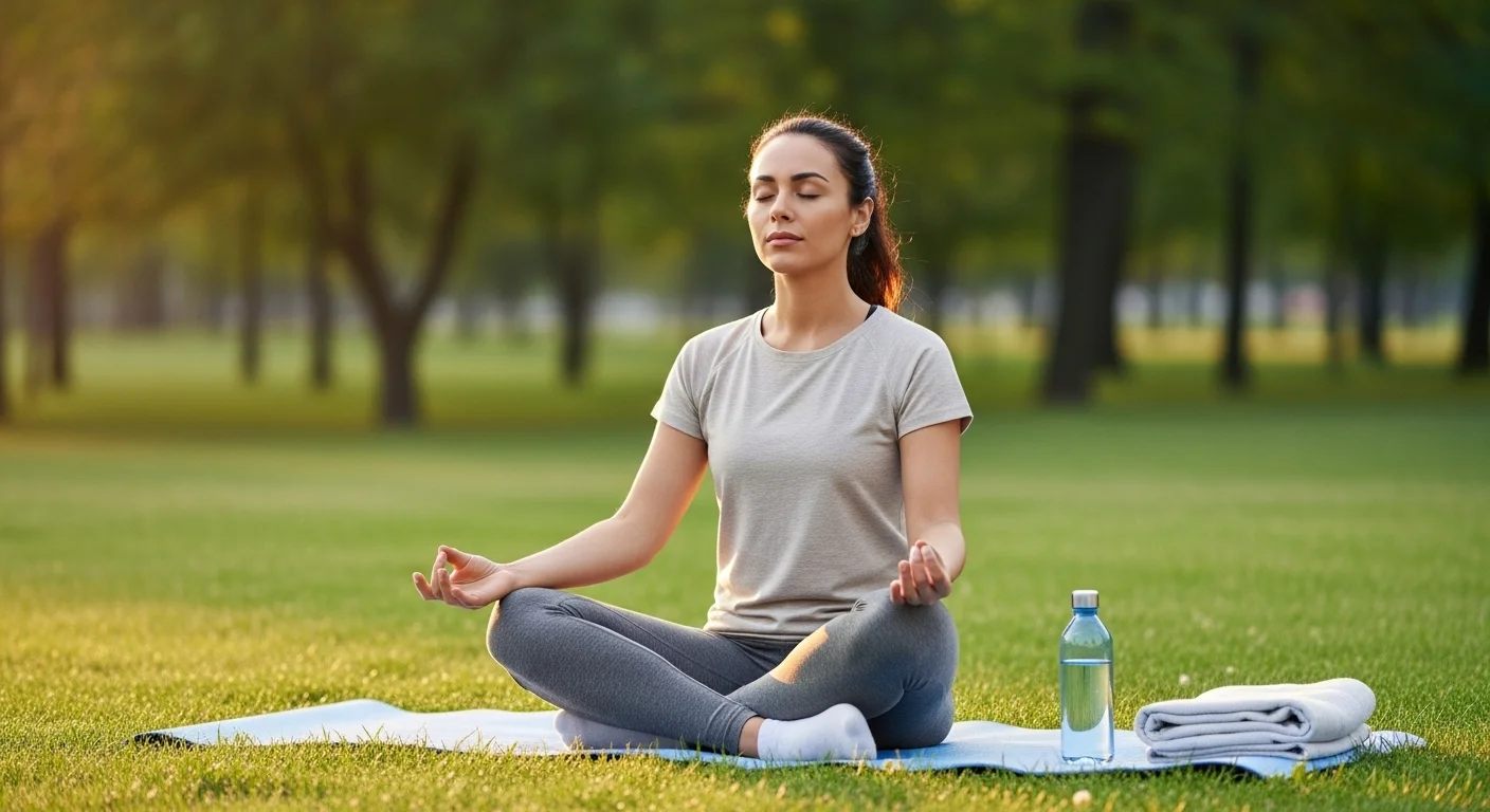 Meditación y mindfulness prácticas efectivas para reducir el estrés..webp Mujer hispánica practicando meditación y mindfulness en un parque al atardecer.