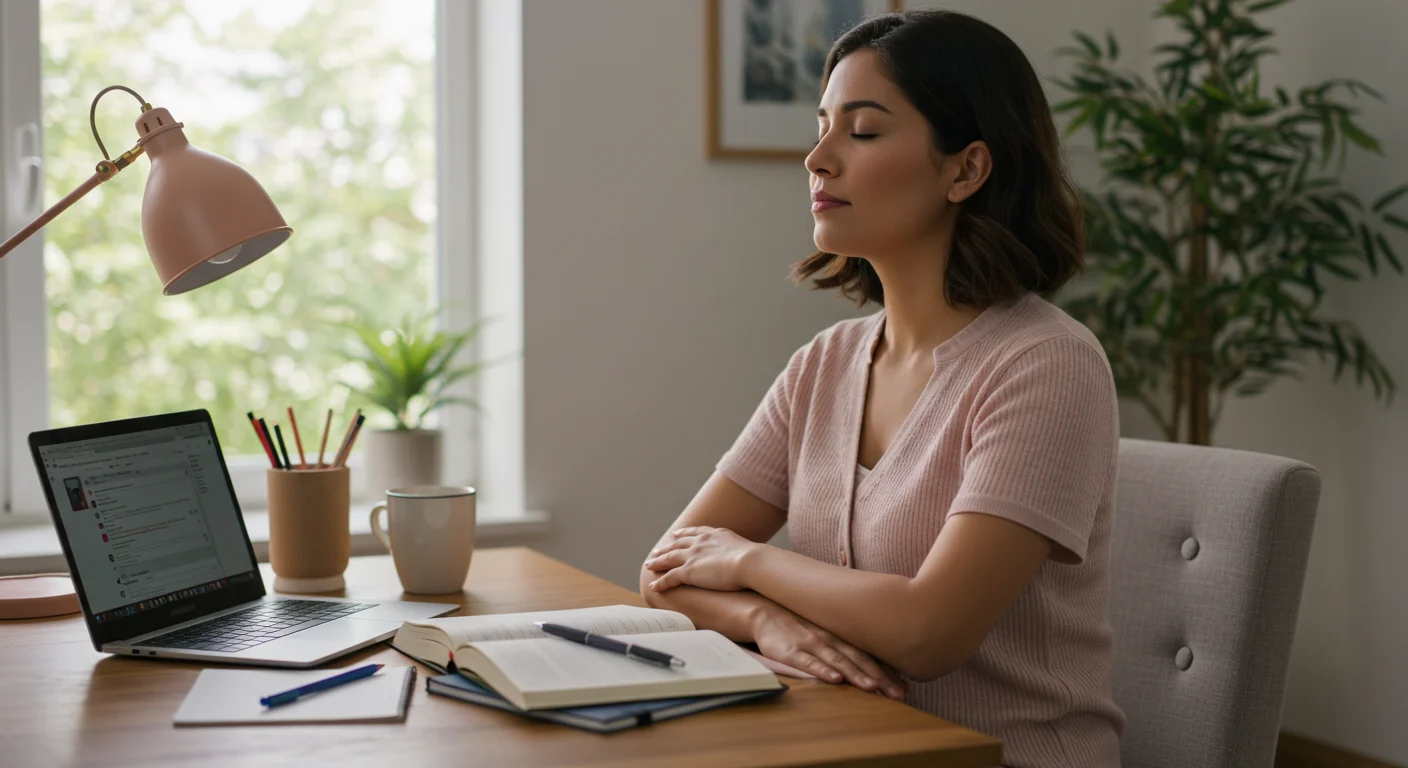 Meditar unos minutos antes de estudiar ayuda a reducir el estrés y mejorar la productividad.webp Madre hispánica practicando mindfulness y respiración profunda antes de estudiar en casa.