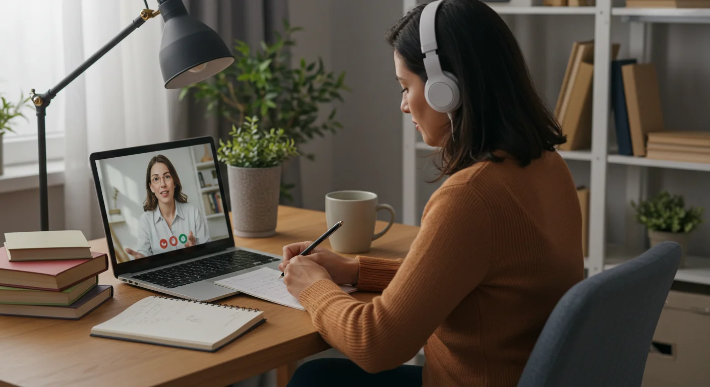 Mentores y aprendizaje continuo: claves para el crecimiento personal y económico. Madre hispánica aprendiendo con un mentor en una videollamada desde casa.
