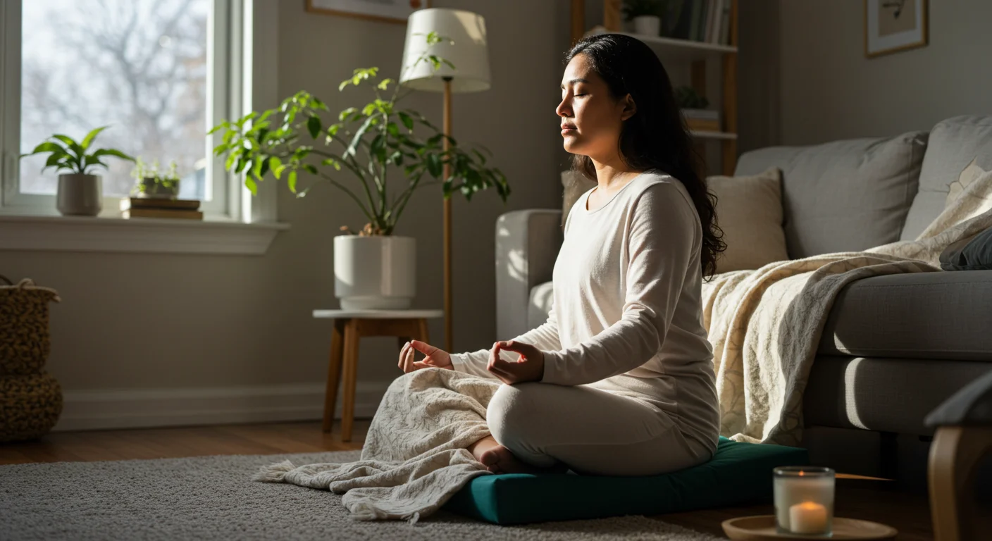 Madre meditando en casa en un espacio tranquilo con luz natural