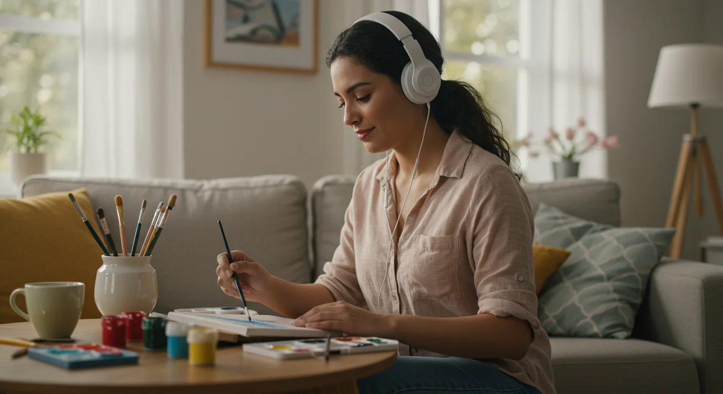 Música y arte como herramientas de calma y tranquilidad interior. Madre hispánica pintando en casa mientras escucha música relajante.