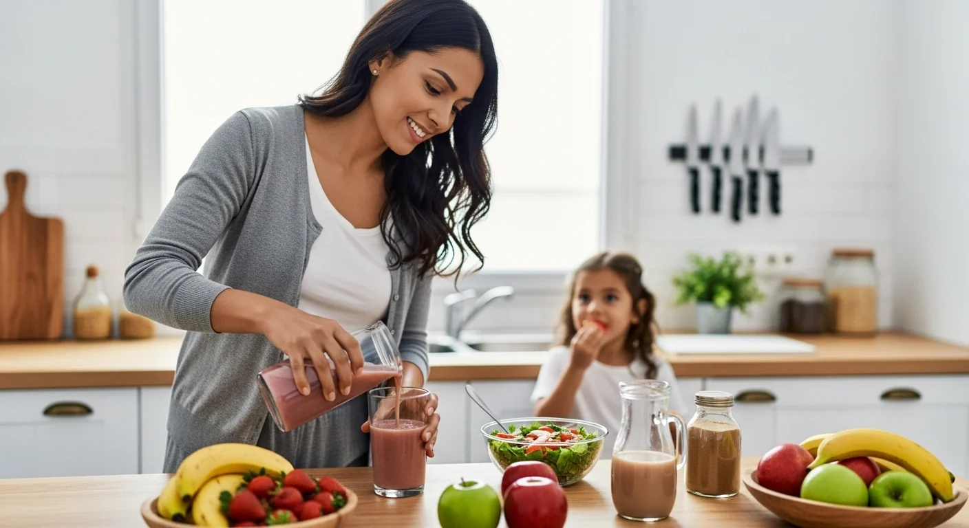 Nutrición sencilla y saludable para madres ocupadas.webp Madre hispánica preparando un batido y comidas sencillas con frutas y verduras frescas.
