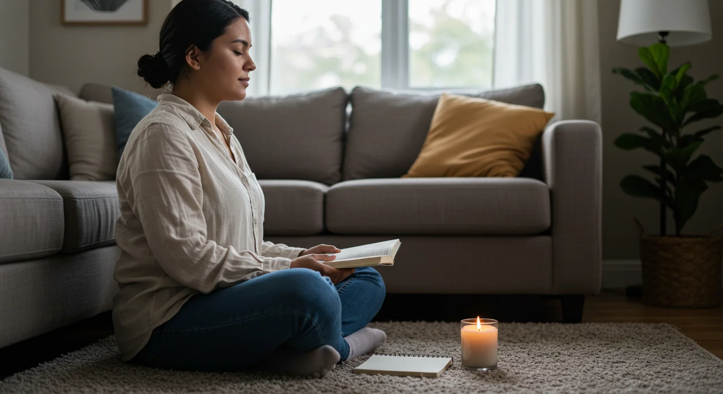 Madre joven practicando meditación sencilla en su sala