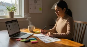 Mujer latina organizando su planificación financiera 2025 en casa.