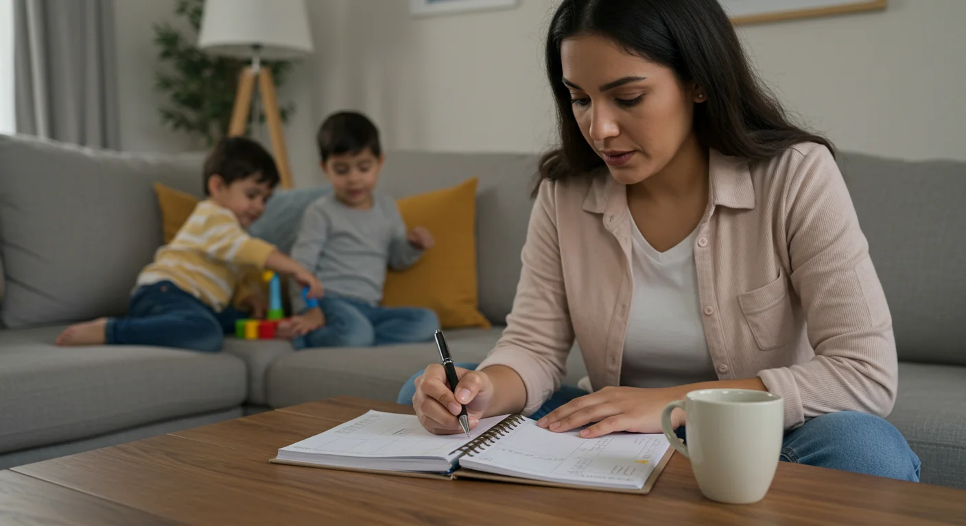 Planificación práctica de tiempo personal para madres ocupadas..webp Madre organizando su agenda con bloques cortos de tiempo personal en casa.