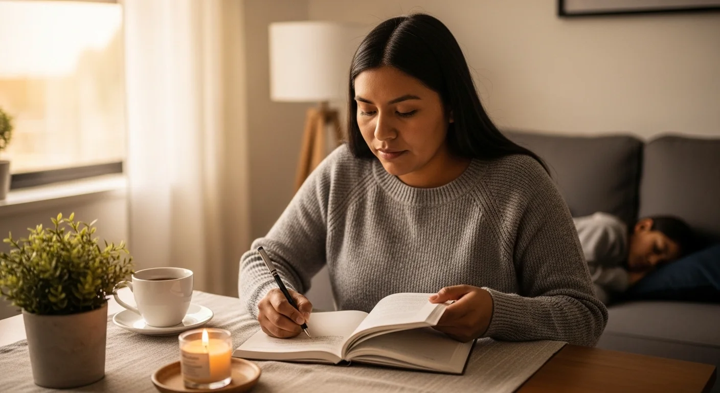 Prácticas espirituales cotidianas para madres estudiantes.webp Madre estudiante integrando prácticas espirituales en su vida diaria.