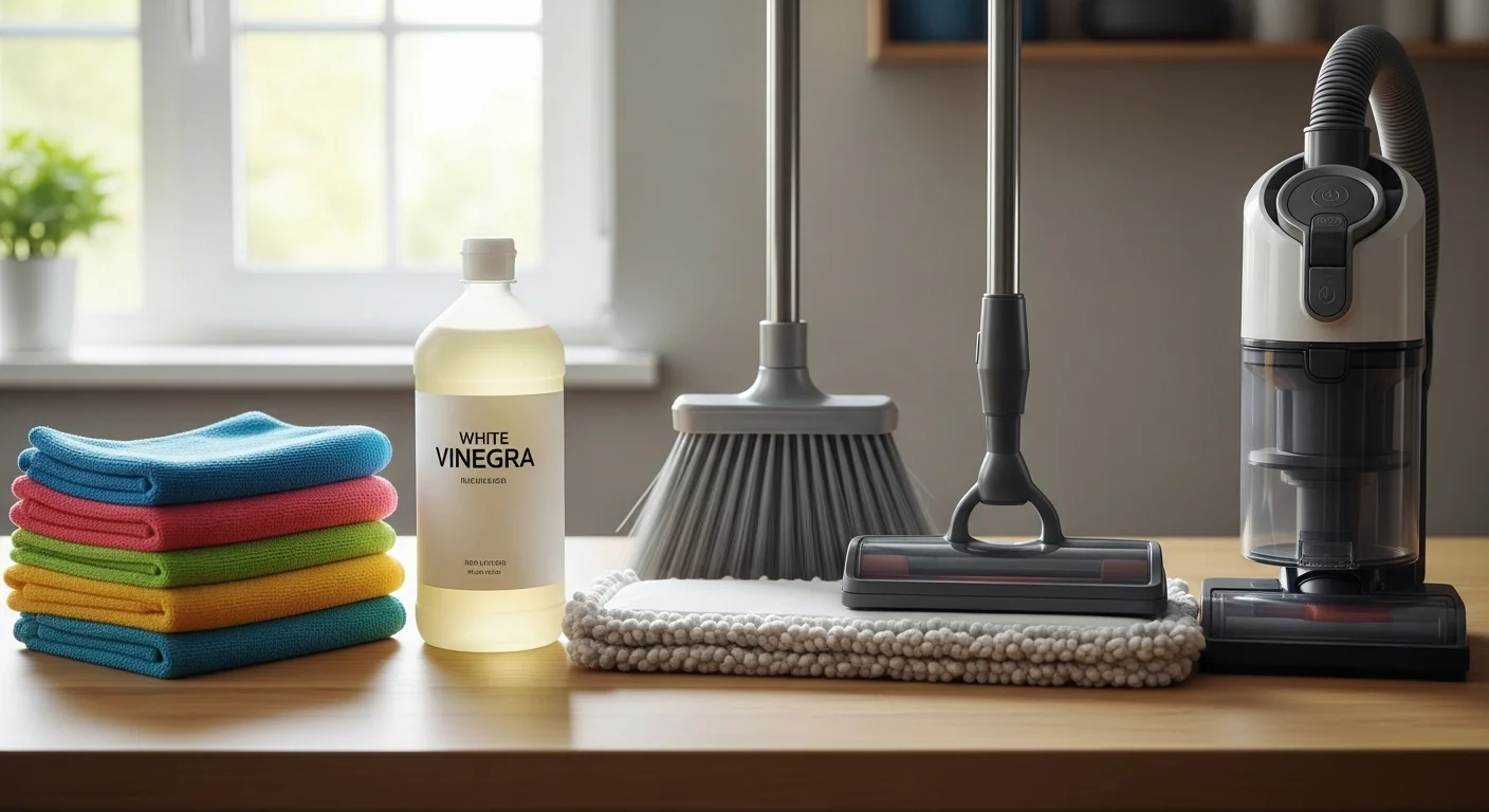 Conjunto de utensilios de limpieza esenciales: trapos de microfibra, vinagre blanco, escoba, mopa y aspiradora sobre superficie clara. Productos de limpieza imprescindibles para un hogar limpio y ecológico.webp