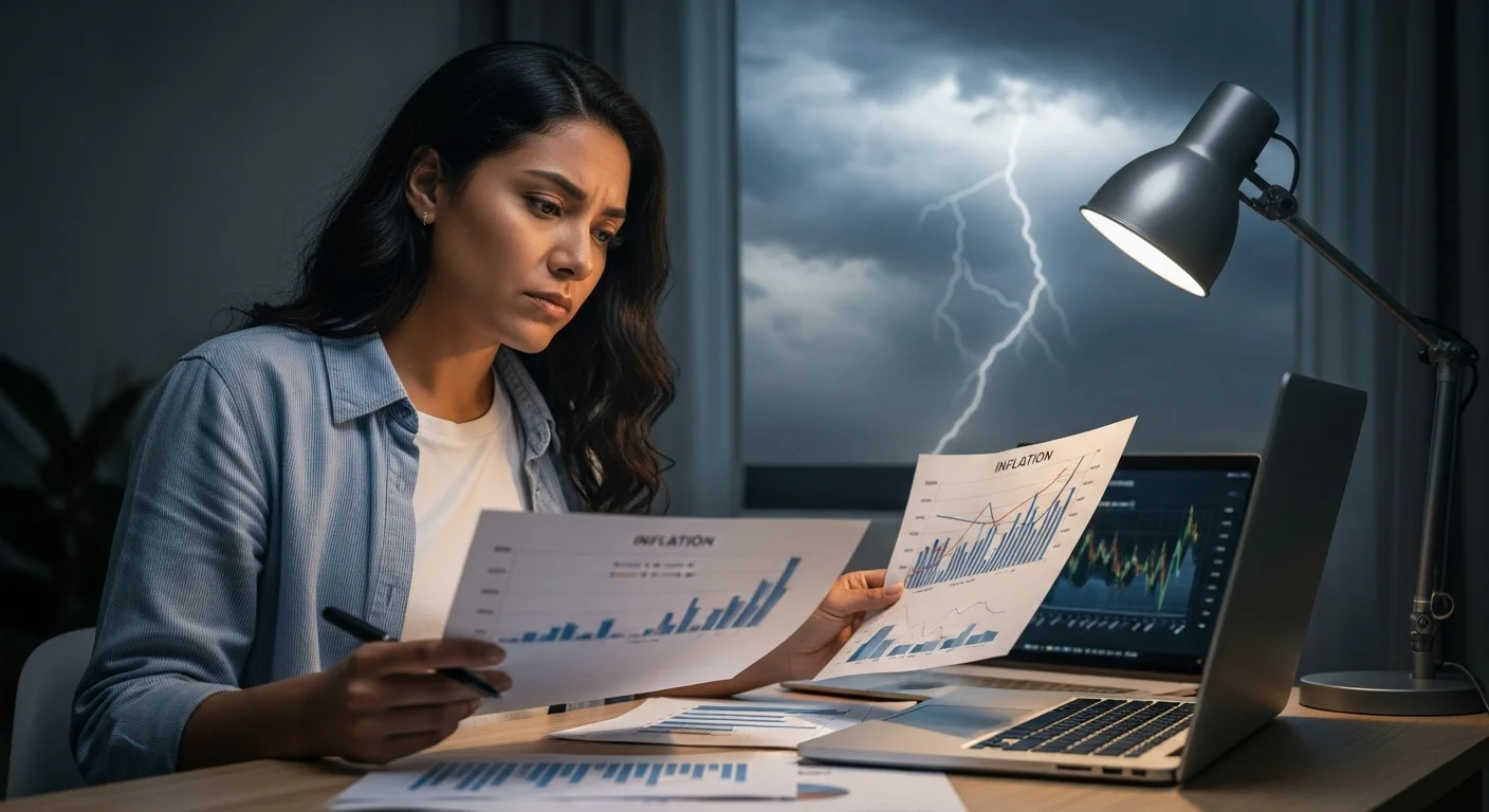 Reconociendo los riesgos financieros comunes y cómo enfrentarlos.webp Mujer preocupada revisando riesgos financieros como inflación y volatilidad