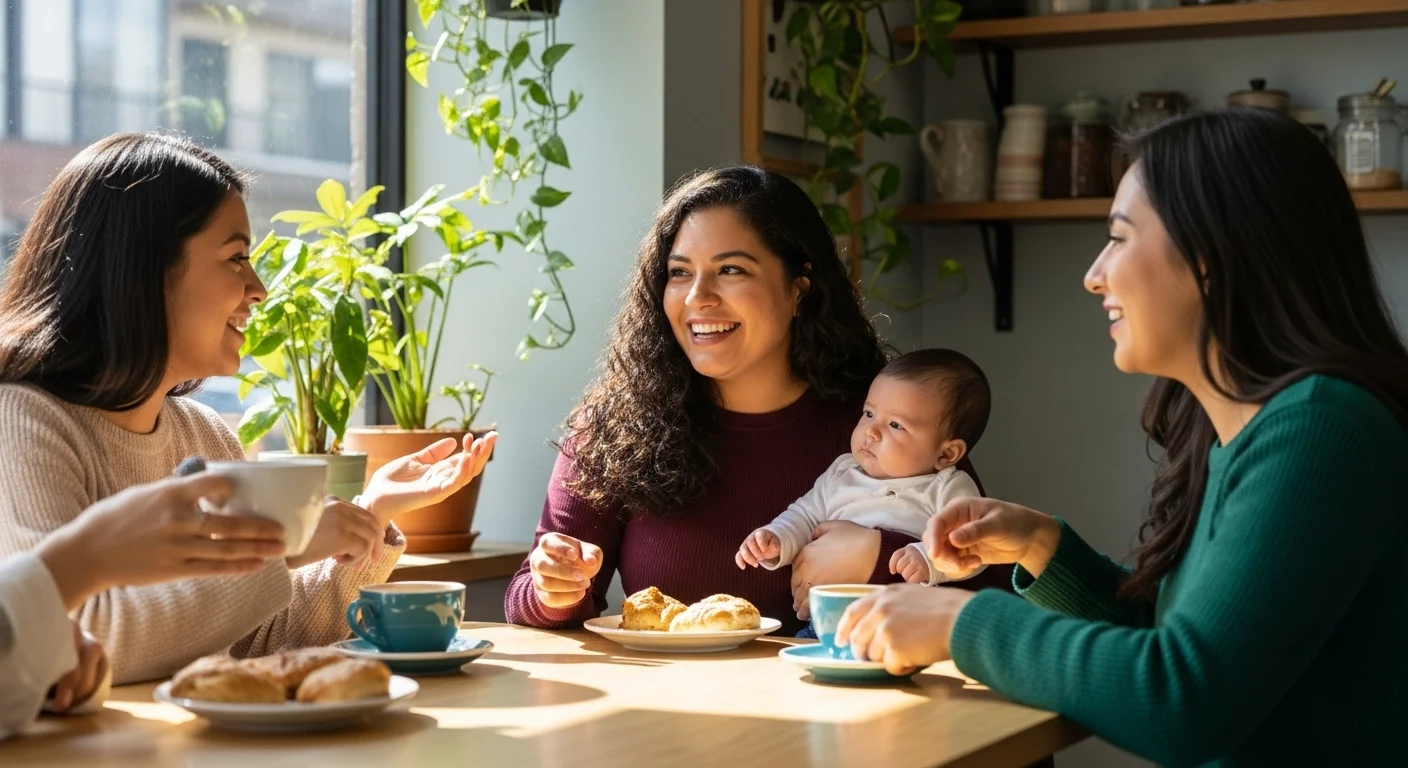 Red de apoyo entre madres comunidad, empatía y acompañamiento.webp Grupo de madres hispánicas compartiendo café y conversación en un ambiente acogedor.