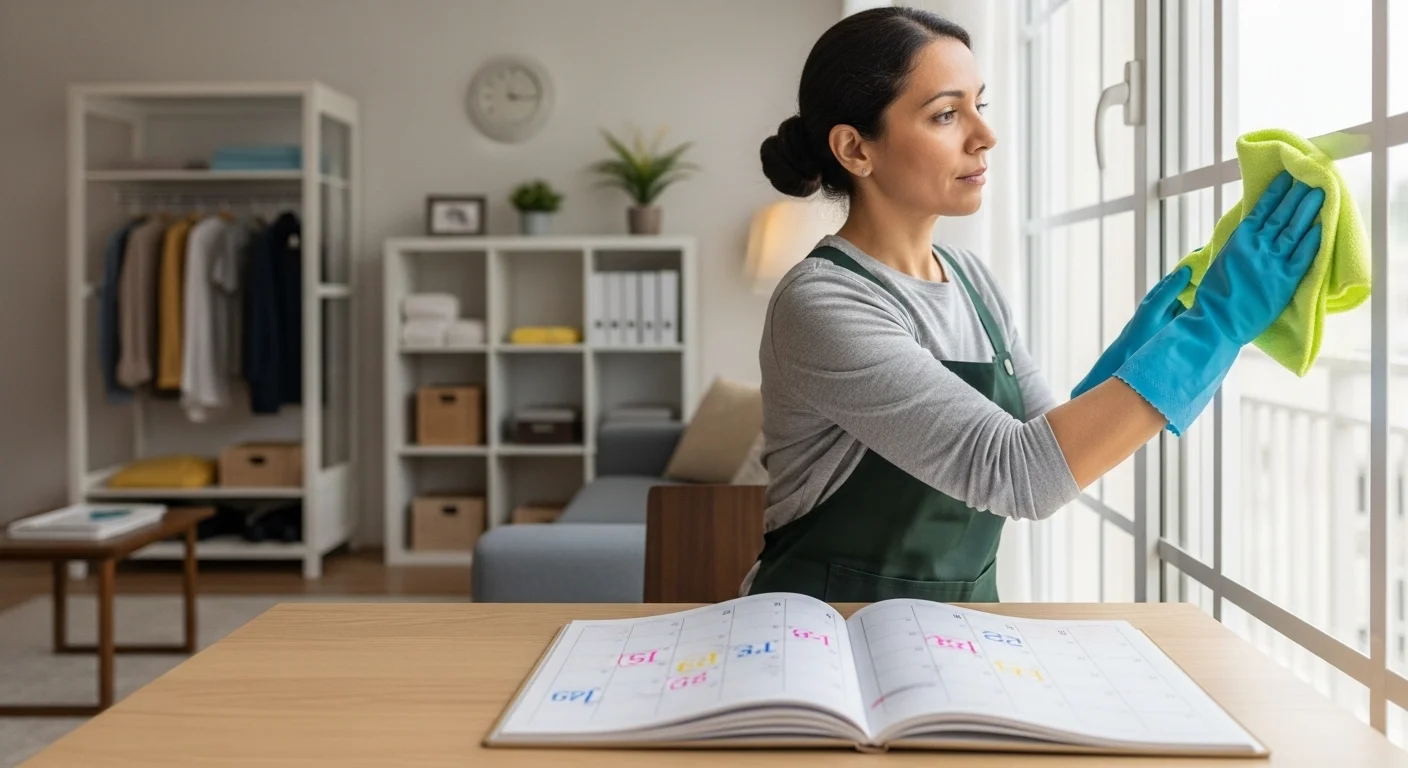 Madre hispánica limpiando ventanas en casa con calendario de tareas de limpieza en la mesa.