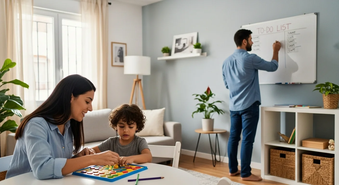 Familia hispánica organizando rutinas en casa con actividades para niños y tareas diarias