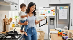 Mamá latina ocupada gestionando múltiples tareas en casa con equilibri