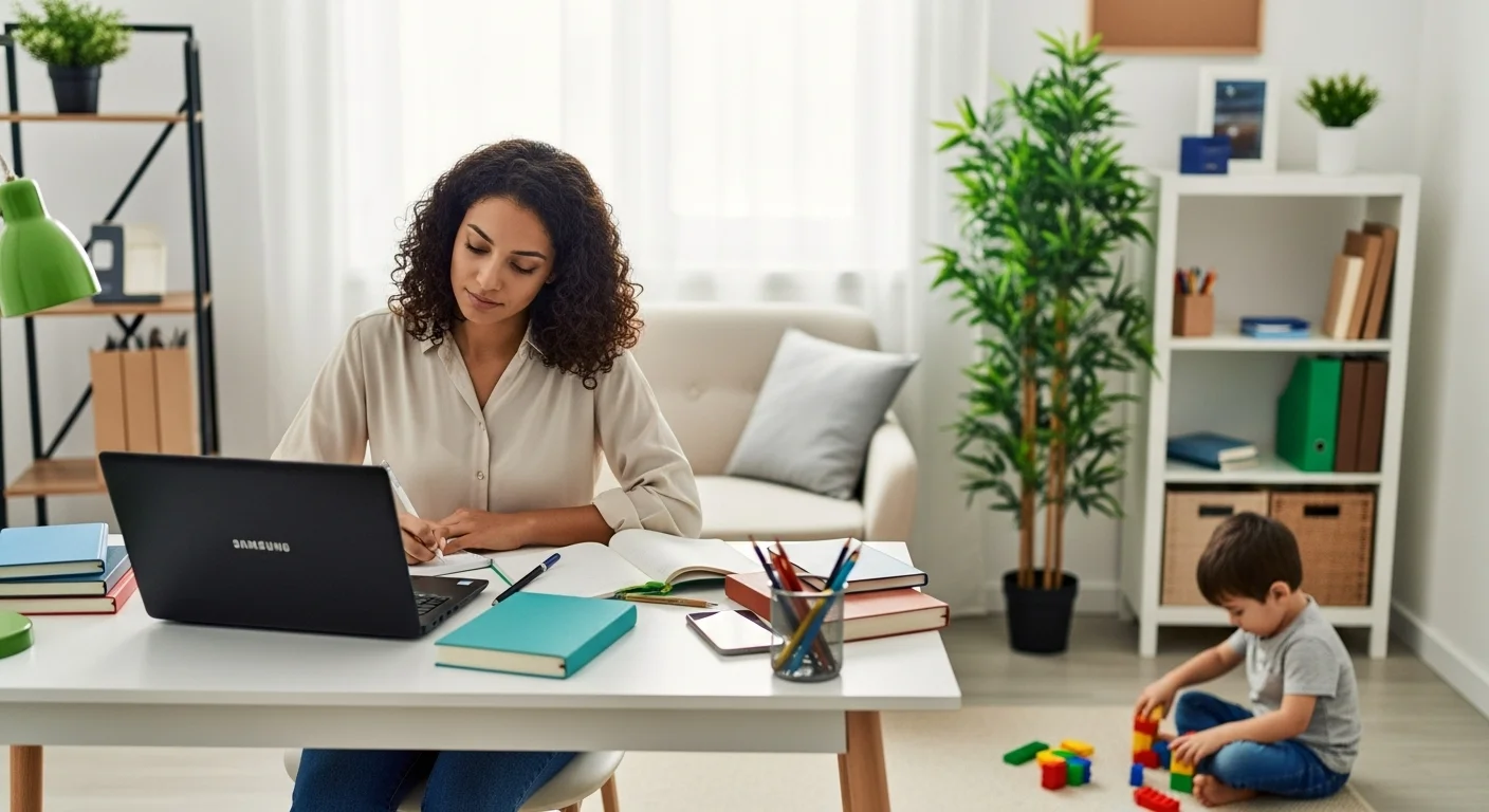 Madre hispánica estudiando en casa mientras su hijo juega cerca.