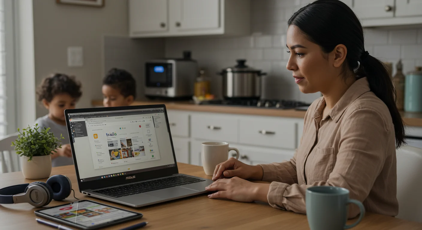 Tecnología práctica para madres estudiantes y amas de casa.webp Madre utilizando herramientas digitales para organizar su hogar y estudios