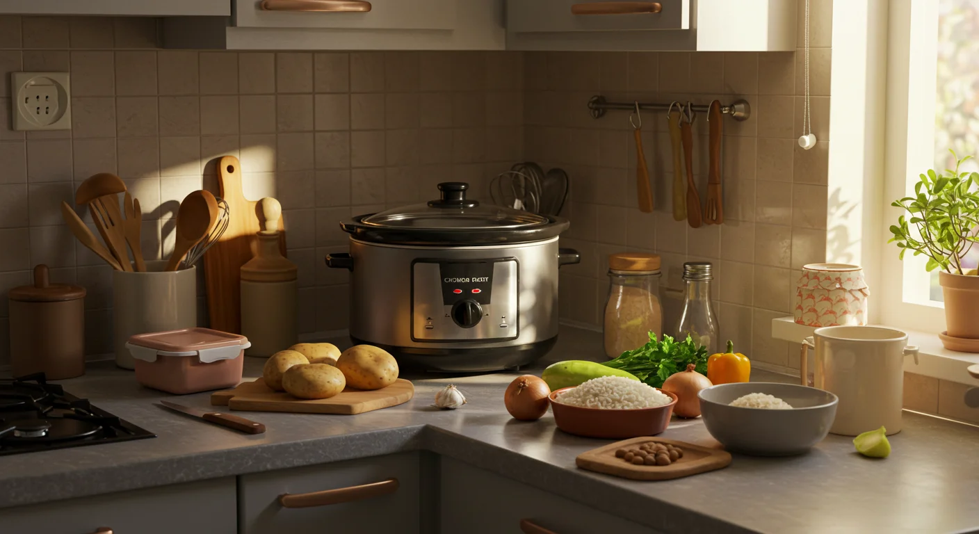 Utensilios de cocina económicos para ahorrar en el día a día.webp Olla de cocción lenta y utensilios económicos en una cocina pequeña