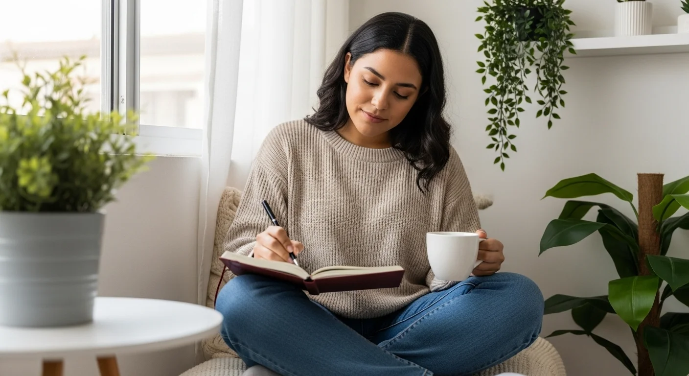 Autocuidado emocional mujer latina cultivando gratitud y equilibrio mental.webp Mujer latina practicando autocuidado emocional al escribir en un diario personal y conectar con sus emociones en un ambiente tranquilo.