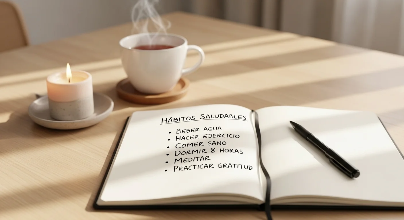 Estrategias prácticas para mantener el bienestar diario..webp Cuaderno con lista de hábitos saludables para mantener el bienestar.