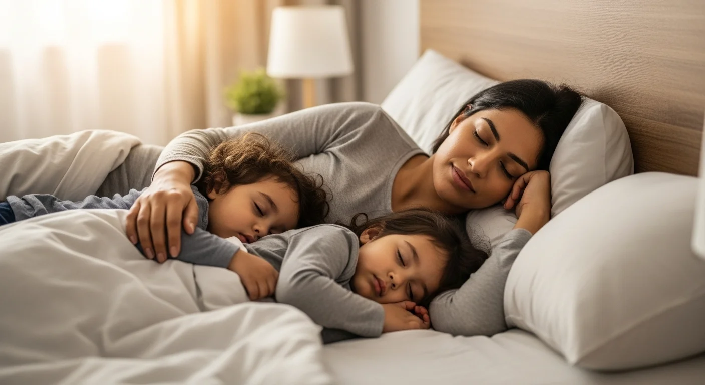 Madre latina descansando con sus hijos la importancia del sueño reparador Madre latina descansando por la tarde junto a sus hijos pequeños en la cama, todos acostados en calma. La escena transmite la importancia del sueño reparador en familia