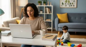 Madre estudiante organizada estudiando en casa mientras su hijo juega.