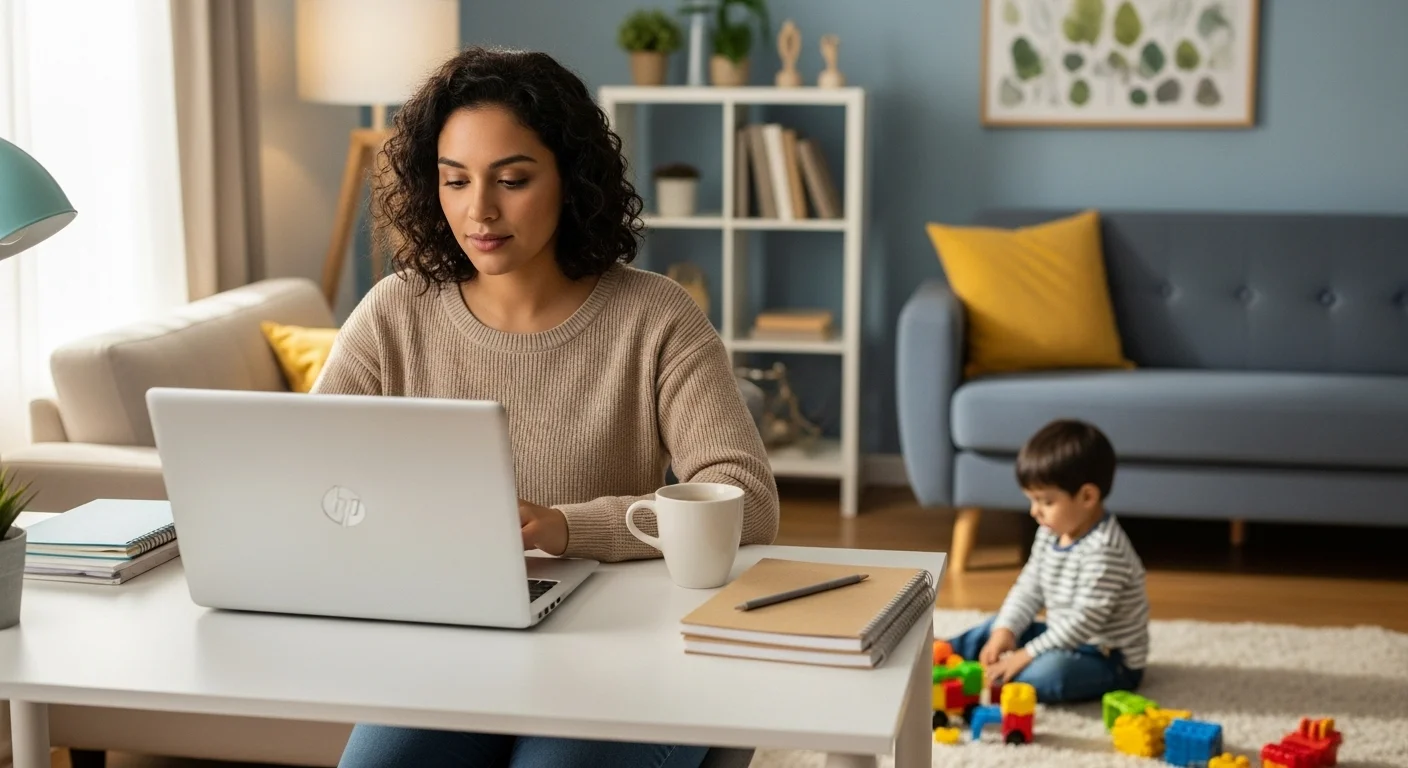 Madre estudiante organizada estudiando en casa mientras su hijo juega.
