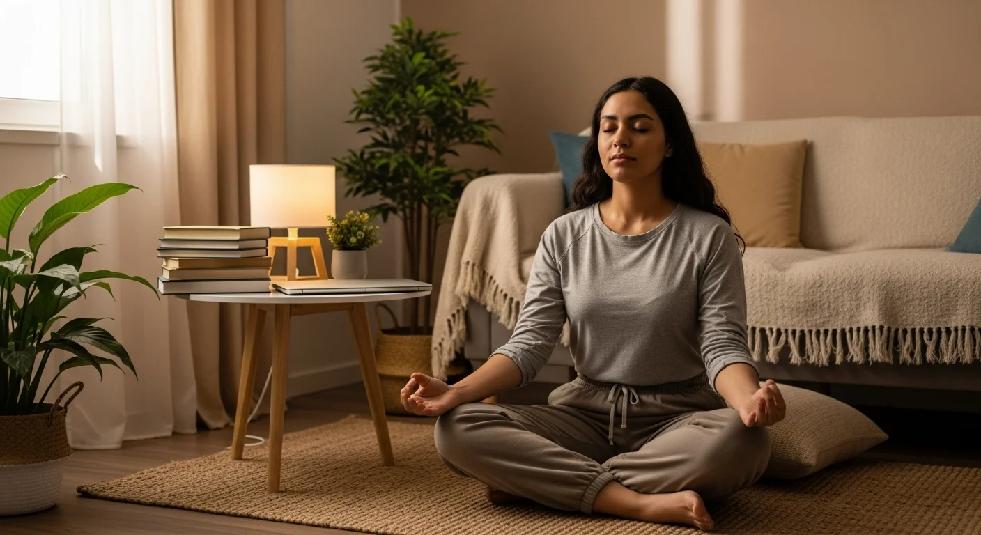 Técnicas de meditación y mindfulness para manejar el estrés académico..webp Estudiante practicando meditación para reducir el estrés.